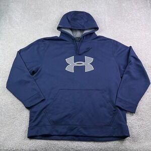 Under Armour Hoodie Mens XL Blue Tech Fleece Big Logo Pullover Sweatshirt